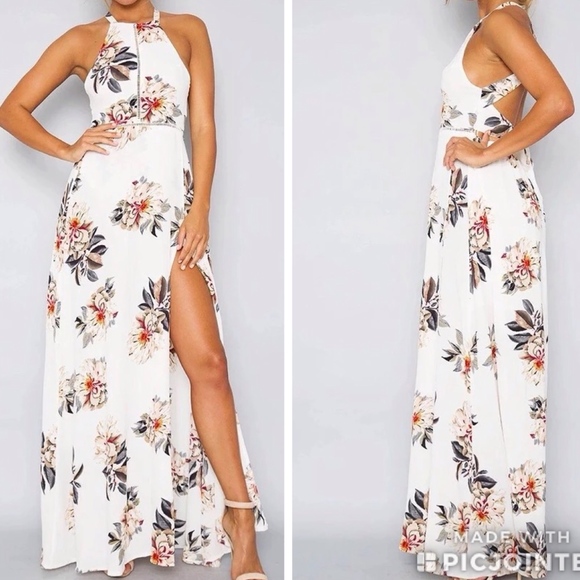 Boutique Dresses & Skirts - Floral white Maxi tie back, Slit front dress